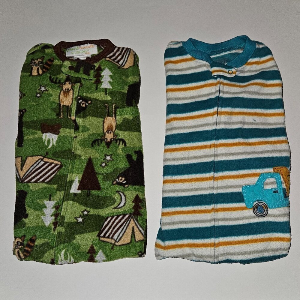 2 Fleece Footie Pajamas Lot 18 Months Peas & Carrots Woodland Carter's Truck
